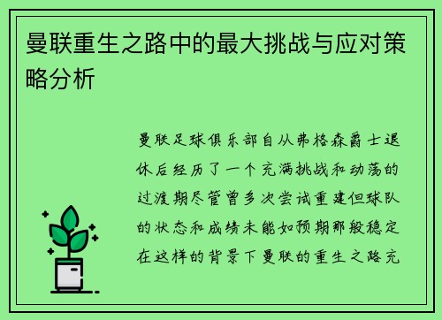 曼联重生之路中的最大挑战与应对策略分析