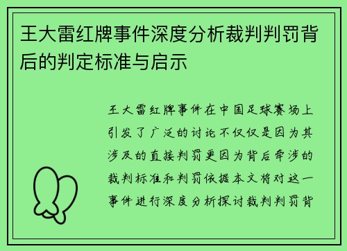 王大雷红牌事件深度分析裁判判罚背后的判定标准与启示